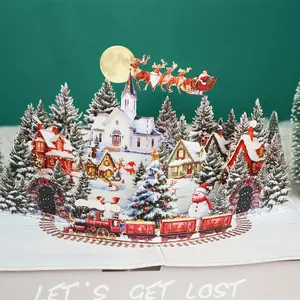 [Festive Christmas Card] Festive Christmas Card - 3D Pop-Up Night Before Christmas Scene with Santa, Reindeer, Snowy Village & Moonlit Sky - Holiday Greeting Card for Friends & Family