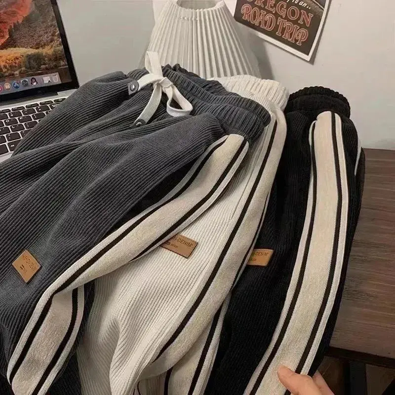 2025 Corduroy Striped Sweatpants Women Streetwear Thick Wide Leg Pants  Harajuku High Waist Joggers Korean Baggy Trousers