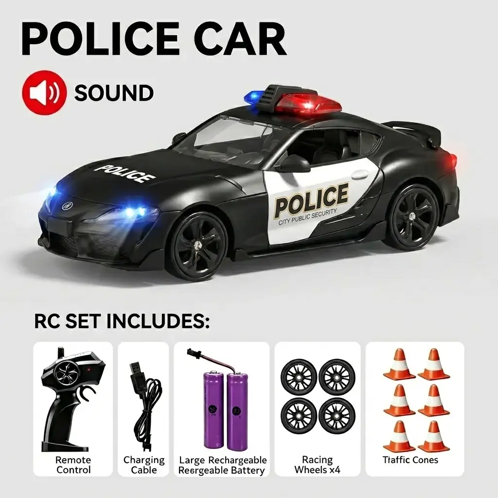 1:24 Scale Unisex RC Police Drift Car - Realistic Supra Design, 4WD High-Speed RC Cars, Electric Remote Control Hobby Toy with Flashing Lights, Siren, Collectibles
