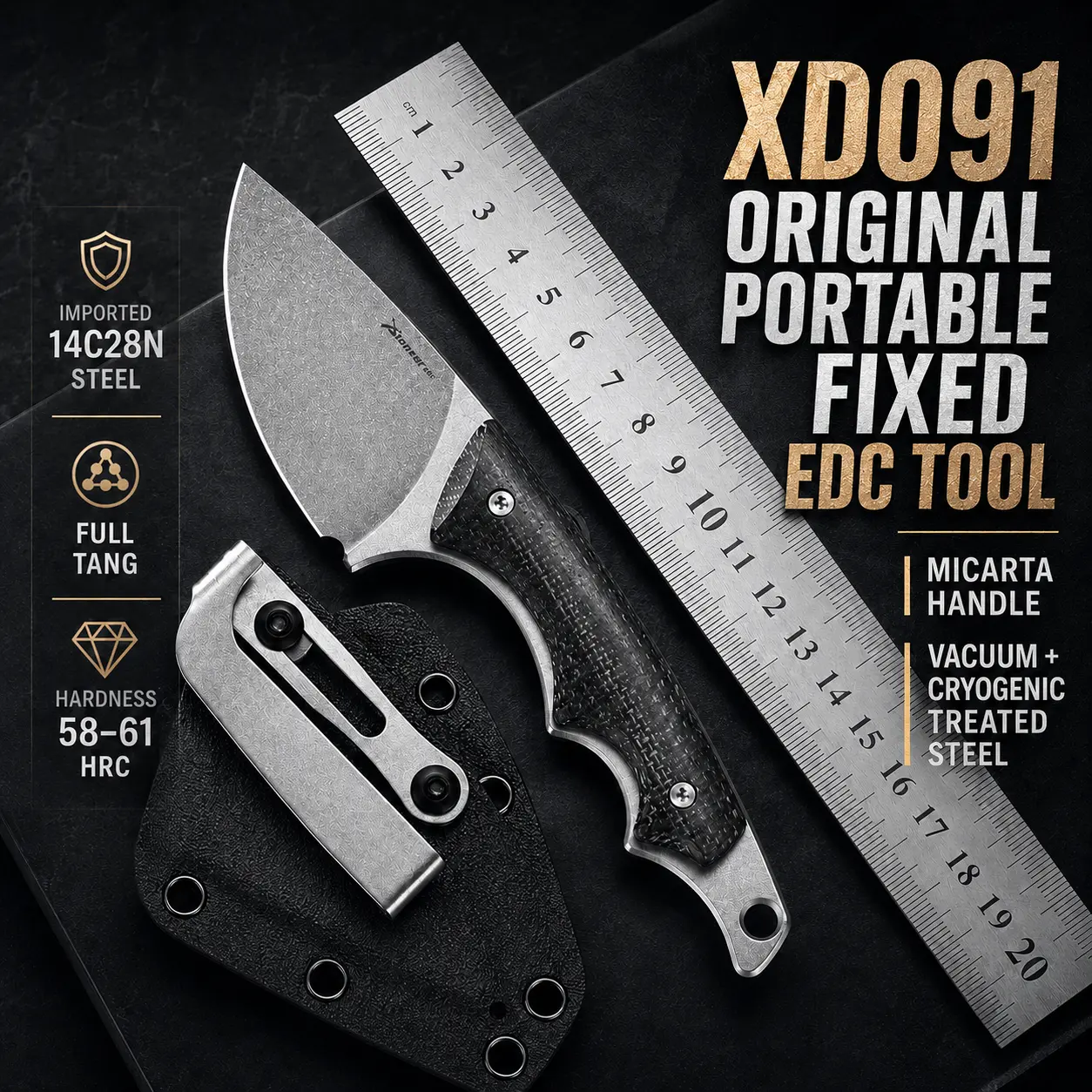 Mulight Non-Retractable Pocket Tool - 14C28N Steel Outdoor Utility Tool for Adults, Camping, Hiking, Compact cm-Sized, with Micarta Handle & Carry Sheath, Outdoor Camping, Steel Blade, Stainless Steel