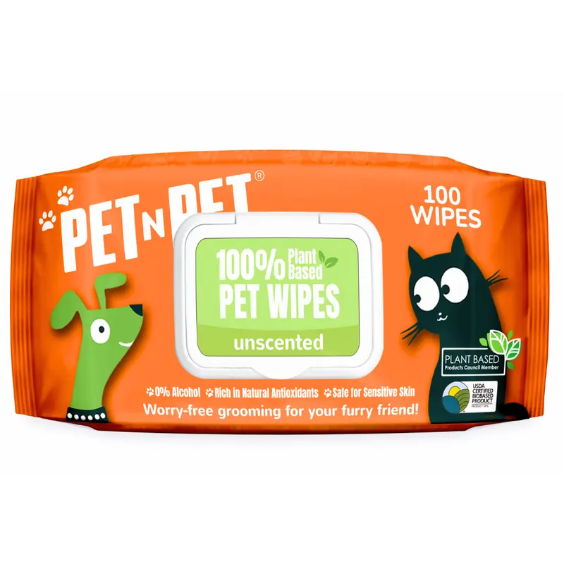 PET N PET 100% Plant-Based Hypoallergenic Dog Wipes, 100 Count, Unscented, Gentle Cleaning for Paws, Face & Butt