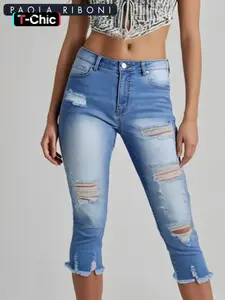 Women's Ripped Pocket Capri Denim Jeans, Casual Fashion Raw Hem Capri Jeans for Daily Wear, Ladies Bottoms for All Seasons