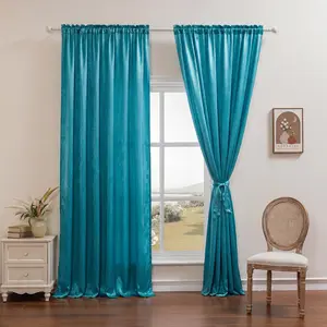 2 Piece Luxurious Satin Fabric with Elegant Crinkle Finish, 52x90 Inch Rod Pocket Curtains, Soft Textured Teal Window Curtains, Light Filtering Drapes for Home Interior Decoration DA01