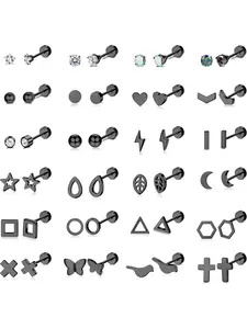 24 Pairs 20G Stainless Steel Star Moon Triangle Heart Disc Ball Bar CZ Geometric Small Screwback Flat Back Earrings Piercing Set Tiny Cartilage Stud Earrings for Women Men Black