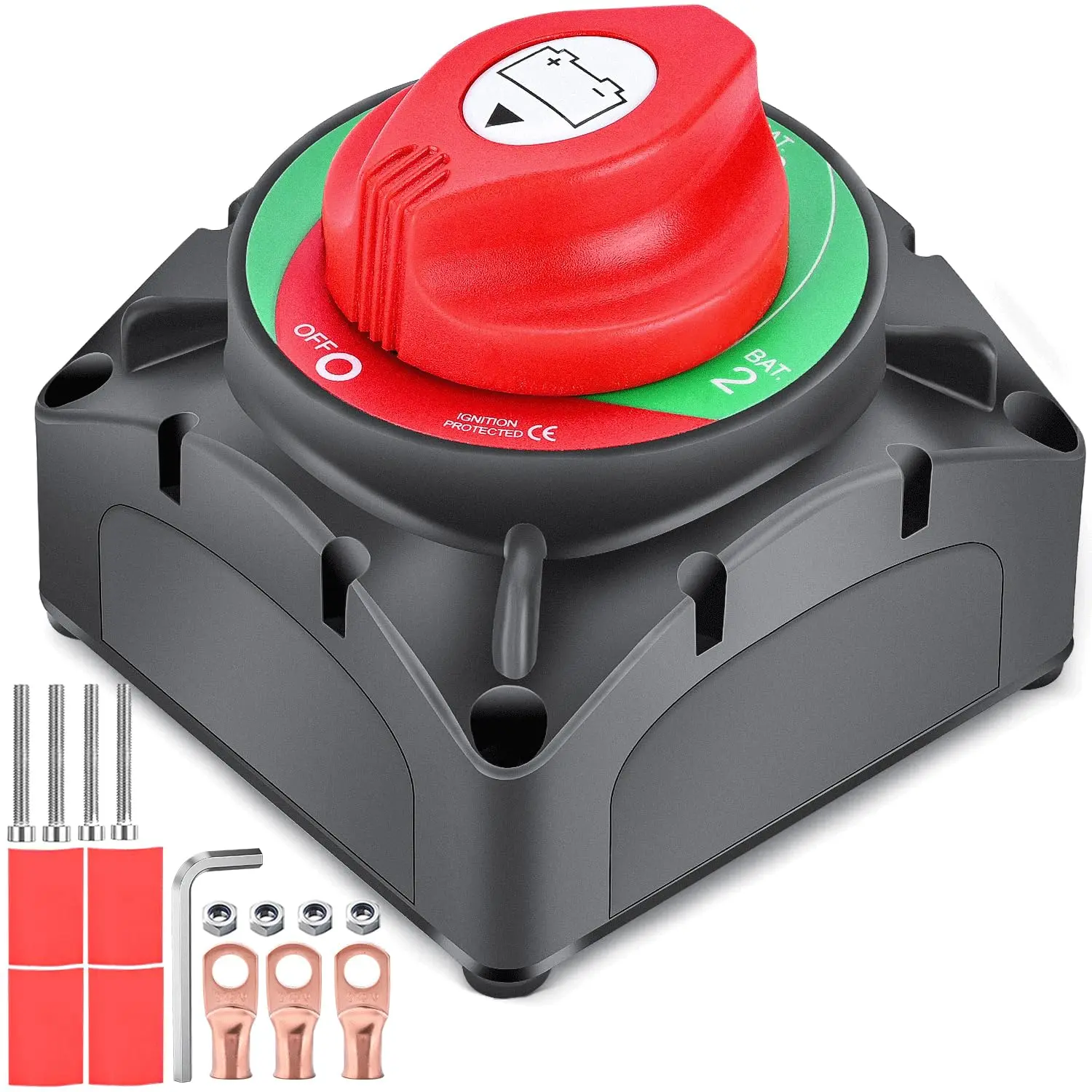 Nilight Heavy Duty 1x Battery Disconnect Switch, 4-Position 1-2-Both-Off Master Isolator for 2 Batteries, 12-48VDC 455A Continuous 1250A Momentary Current, ABS Plastic Control w/3 Heat Shrink Tubings, 1x Hex Wrench for Cars, Trucks, Travel Trailers