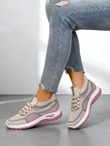 Women's Patchwork Knit Lace-Up Sneakers, Lightweight Casual Shoes for Daily Commute, Comfortable Walking Footwear for All Seasons, Mesh Breathable Sneakers