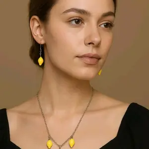 Lemon Necklace and Earrings Set - Yellow Pendant Design with Chain, Elegant and Colorful Accessory for Any Occasion