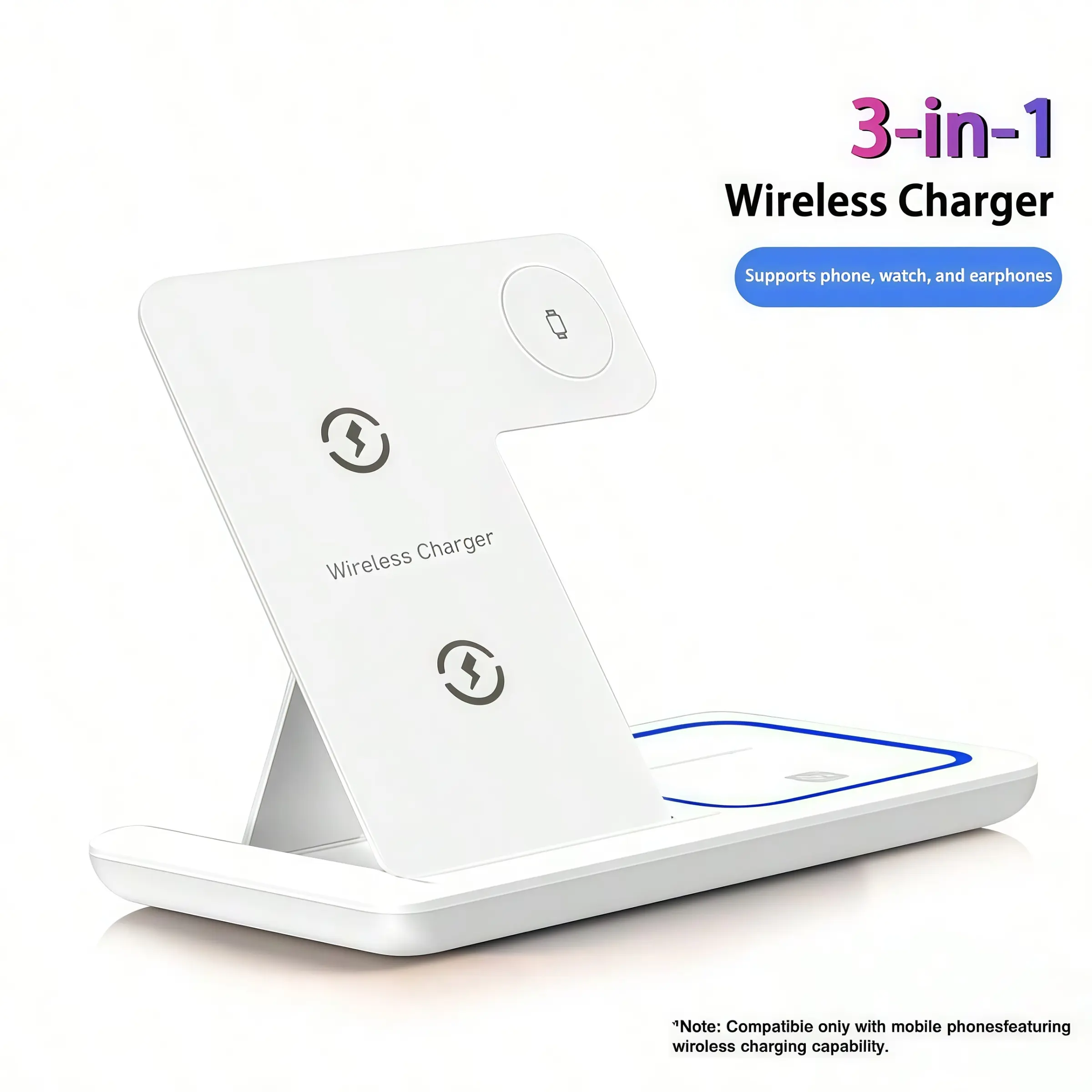 3-In-1 Wireless Charger Stand, Fast Charging Electronic Base Phone Accessory, Compatible with iPhone Models, Smartphone, Universal Multi-Device Inductive Charge Solution, Cellphone, Multidevice Wireless Charger
