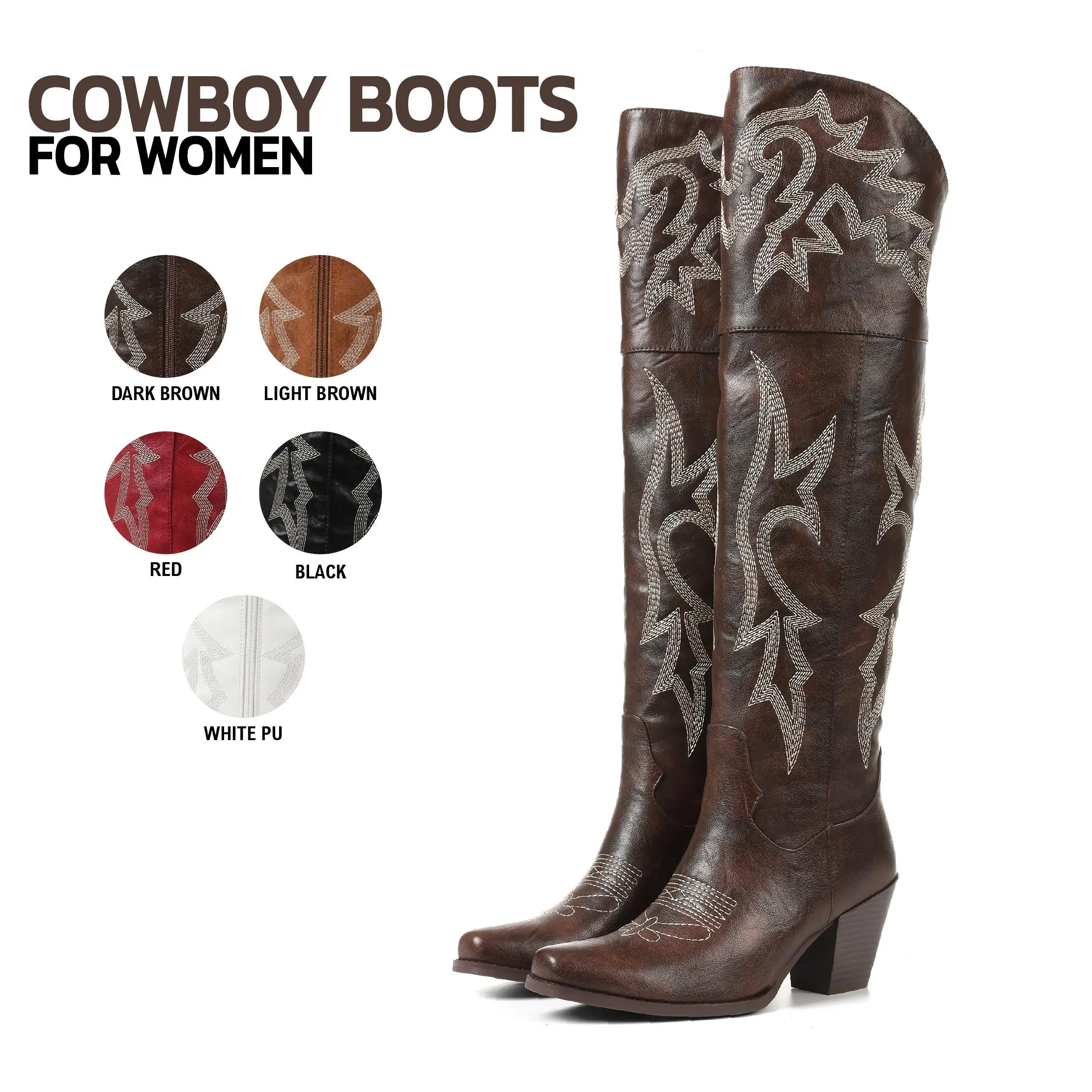 Cowboy Boots For Women Over The Knee Square Toe Side Zipper Chunky Block Heel Embroidered Festival Country Wedding Party Casual Outings Comfortable Western Fashion Retro Vintage Cowgirl Tall Booties Summerwins