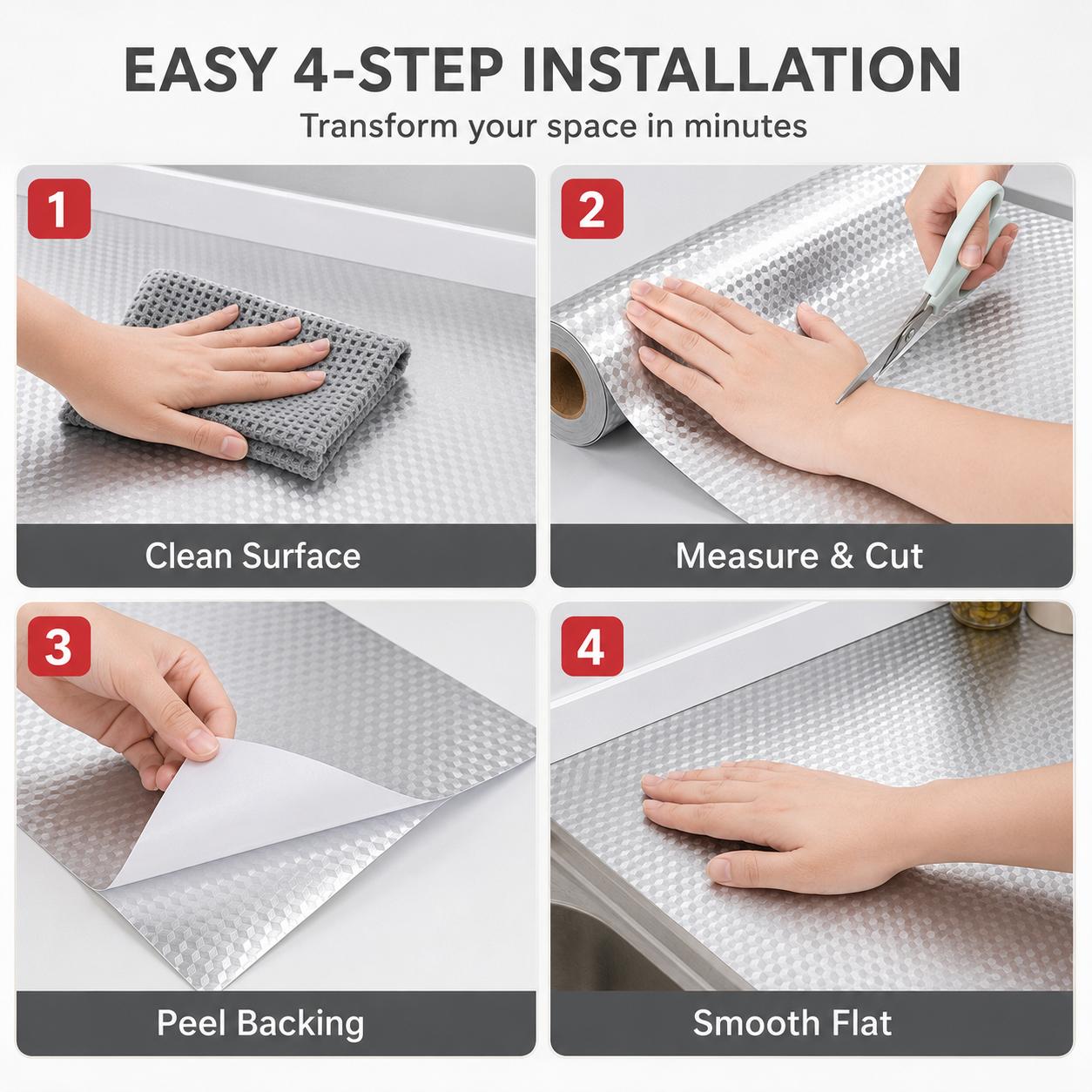 Self-Adhesive Aluminum Foil Kitchen Backsplash Wallpaper, 15.7 x 118 Inch Oil-Proof Waterproof Peel and Stick Countertop Cabinet Drawer Liner, Heat Resistant Easy Clean Silver Contact Paper