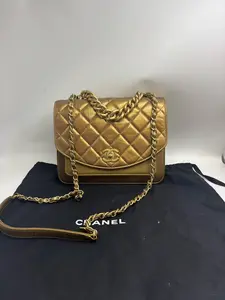 Pre-owned CHANEL Egyptian Accordion Bag, Grained (Caviar) Leather, Antique Gold Hardware, Size: 22.5 × 18 × 5 cm, Includes Card, 28 series, with Dust Bag
