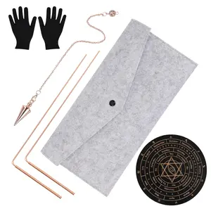 99.9% Copper Dowsing Rods Kit, Spiritual Exploration Divination 2PCS Divining Rods+Dowsing Pendulum + Divination Mat + Gloves + Bag for Ghost Hunting, Divining, Gold, Treasure
