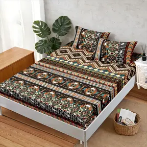 Bohemian Ethnic Bedding Set, Vintage Print Non-Slip Full Wrap Bed Sheet, High Elasticity Waistband, Skin-Friendly Breathable Fabric
