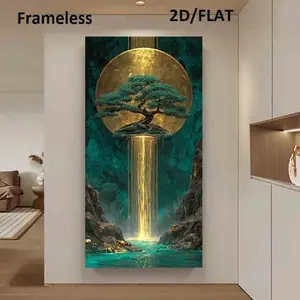 Wooden Framed Canvas Painting1 framed modern canvas Poster - Golden Life Tree Wall Art, with golden protruding tree, turquoise and gold color scheme - Large canvas painting, suitable for living room, bedroom, office Wrapped in canvas