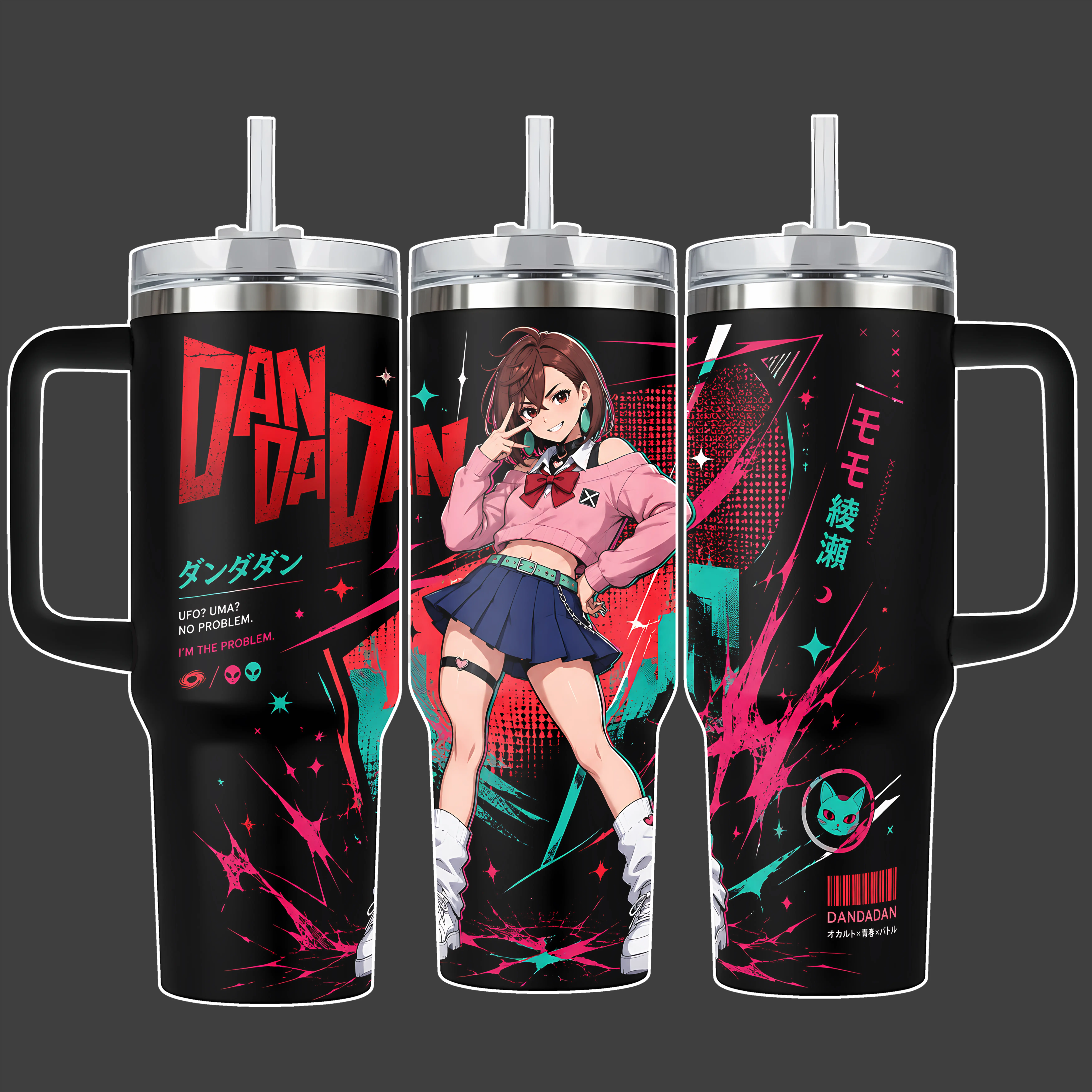 Dandadan Momo Ayase Psychic Girl Anime Tumbler Cup, Pink Teal Streetwear Full Wrap Stainless Steel Insulated 20oz/40oz With Straw Lid Included