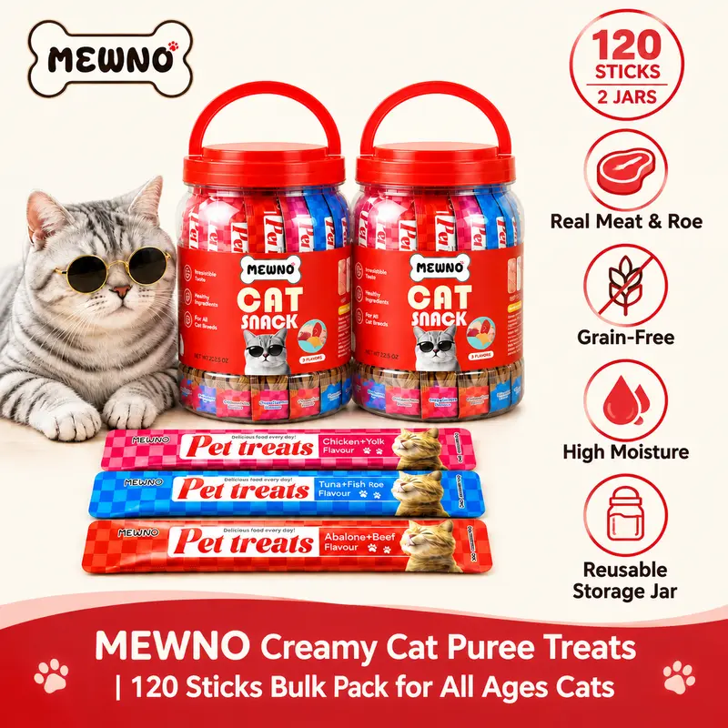 Mewno Universal Lickable Cat Puree Treats, 2-Tub Value Bundle (120 Sticks), 3 Popular Mixed Flavors (Chicken Yolk, Cod Roe, Tuna, Salmon, Abalone, Beef), High-Moisture Grain-Free Fish Soft Treats with Water, Daily Reward for Cats, 24-Month Shelf Life