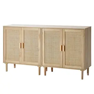 VEVOR Rattan Cabinet, Set of 2, Rattan Storage Cabinet with 4 Magnetic Doors and Adjustable Shelves, Sideboard Buffet Cabinet for Hallway, Entryway, Living Room, or Kitchen, Natural