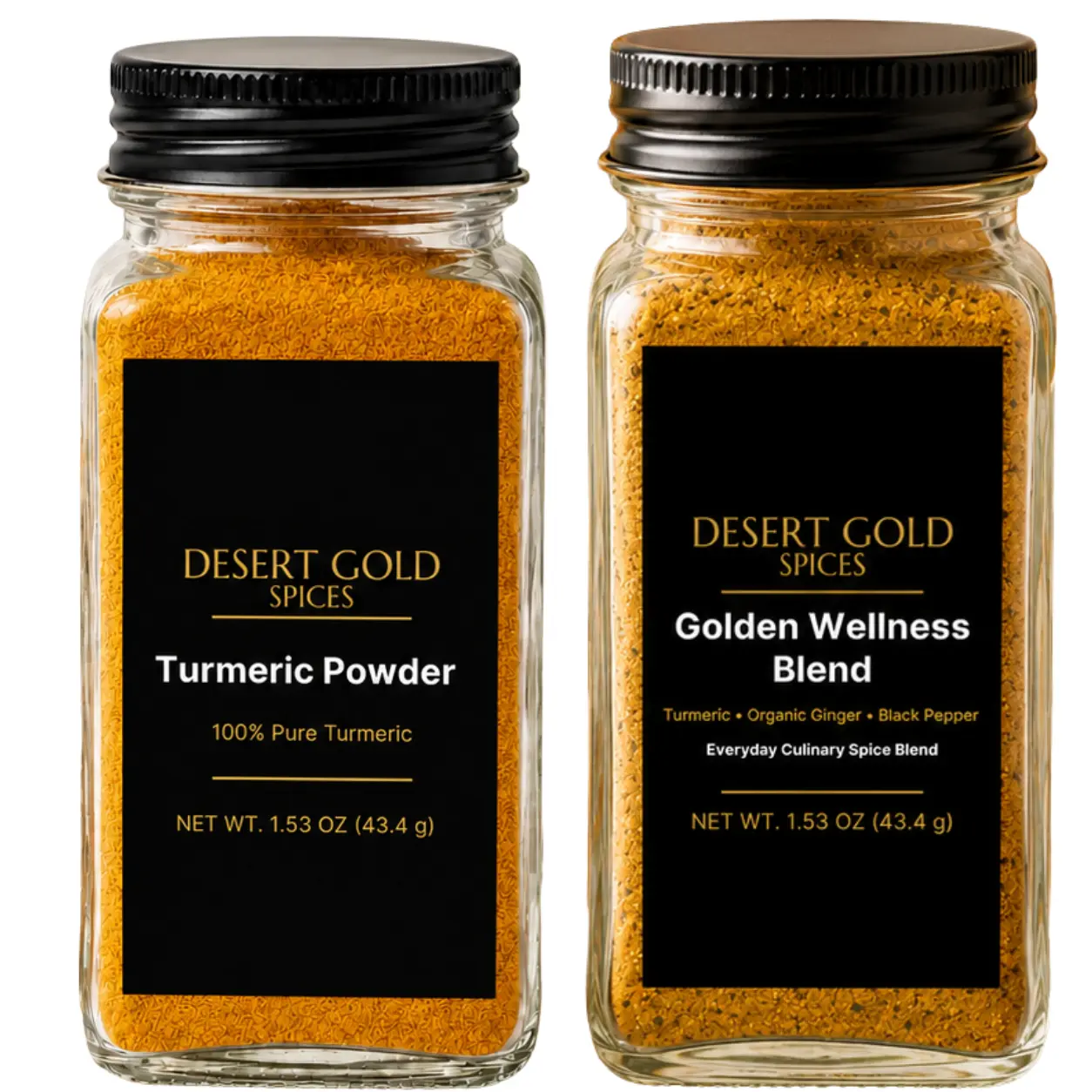 Desert Gold Spices 2-Pack - Turmeric Powder & Golden Spice Blend, 2x1.53 oz Glass Jars, Culinary Seasonings with Ginger, Black Pepper