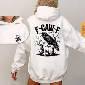 F-caw-f Raven Skull Sweatshirt, 2 Side Gothic Crow Tree 2 Sided Graphic Hoodie Fleece Fabric Casual Hooded Sweatshirt Trendy Tops Perfect Gift