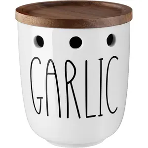 Garlic Keeper for Counter, Ceramic Garlic Keeper with Acacia Wood Lid, Garlic Holder Storage Container to Keep Your Garlic Cloves Fresh Longer, Garlic Saver for Kitchen, White