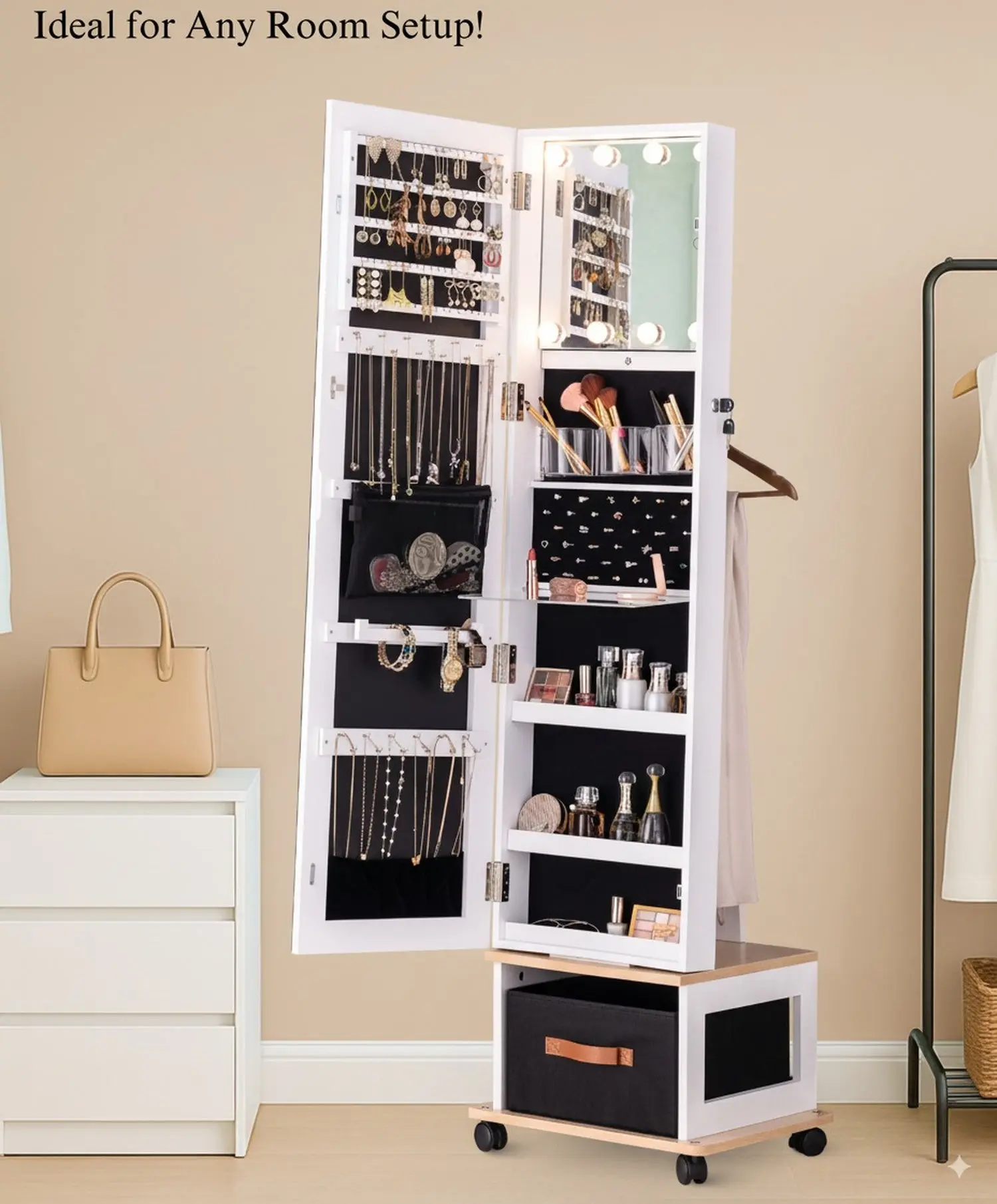 BTEXPERT Large Modern 63" Smooth Movable Standing Jewelry Cabinet Armoire - Home Organizer with 360-Degree Swivel, Key Lock, Frameless Full-Length Mirror, 4 Wheels, LED Lights, Brush, Storage Boxes, Bottom Storage Shelves (White)