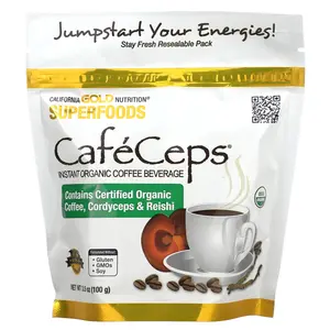 California Gold Nutrition CafeCeps, Certified Organic Instant Coffee with Full-Spectrum, Organic Cordyceps and Reishi Mushroom Powder, 3.5 oz (100 g)