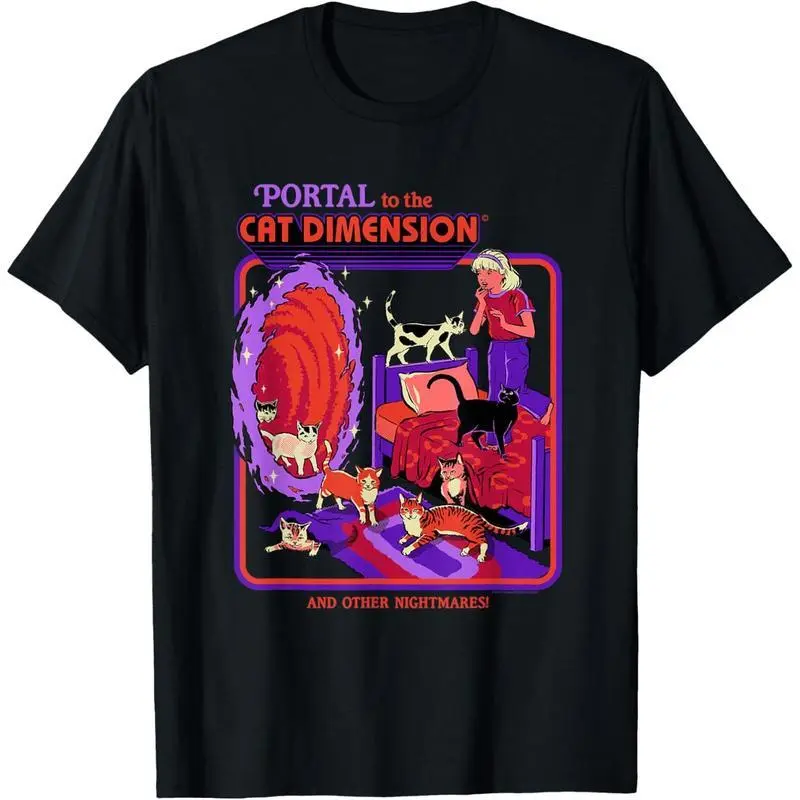 Cotton Short Sleeve Steven Rhodes Cat Dimension Portal Retro Dark Humor Artist T-Shirt For Men Women classic  rock  tee moon  rocks