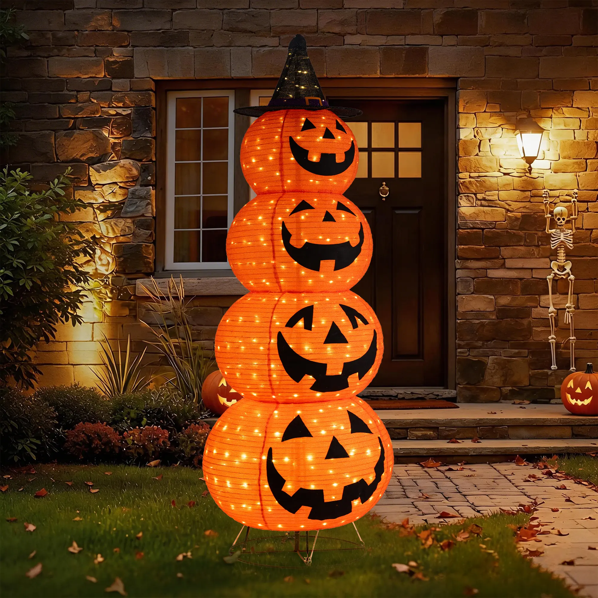 Glitzhome 94.5"H Lighted Halloween 3D Foldable Fabric Jack-O-Lantern Outdoor Decor 420 Warm White LED Lights