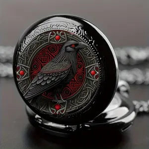 Gothic Design Black Raven Pocket Watch With Necklace Alloy Case & Band,Quartz Movement, Non-Waterproof Watch for Men Women Kids