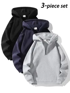 Men's Half-Zip Fleece Hoodie, Casual Long Sleeve Drop Shoulder Sweater, Thick Fabric for Fall & Winter, Sporty Fashion Pullover