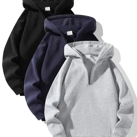 Men's Half-Zip Fleece Hoodie, Casual Long Sleeve Drop Shoulder Sweater, Thick Fabric for Fall & Winter, Sporty Fashion Pullover, Casual Hooded Sweatshirt