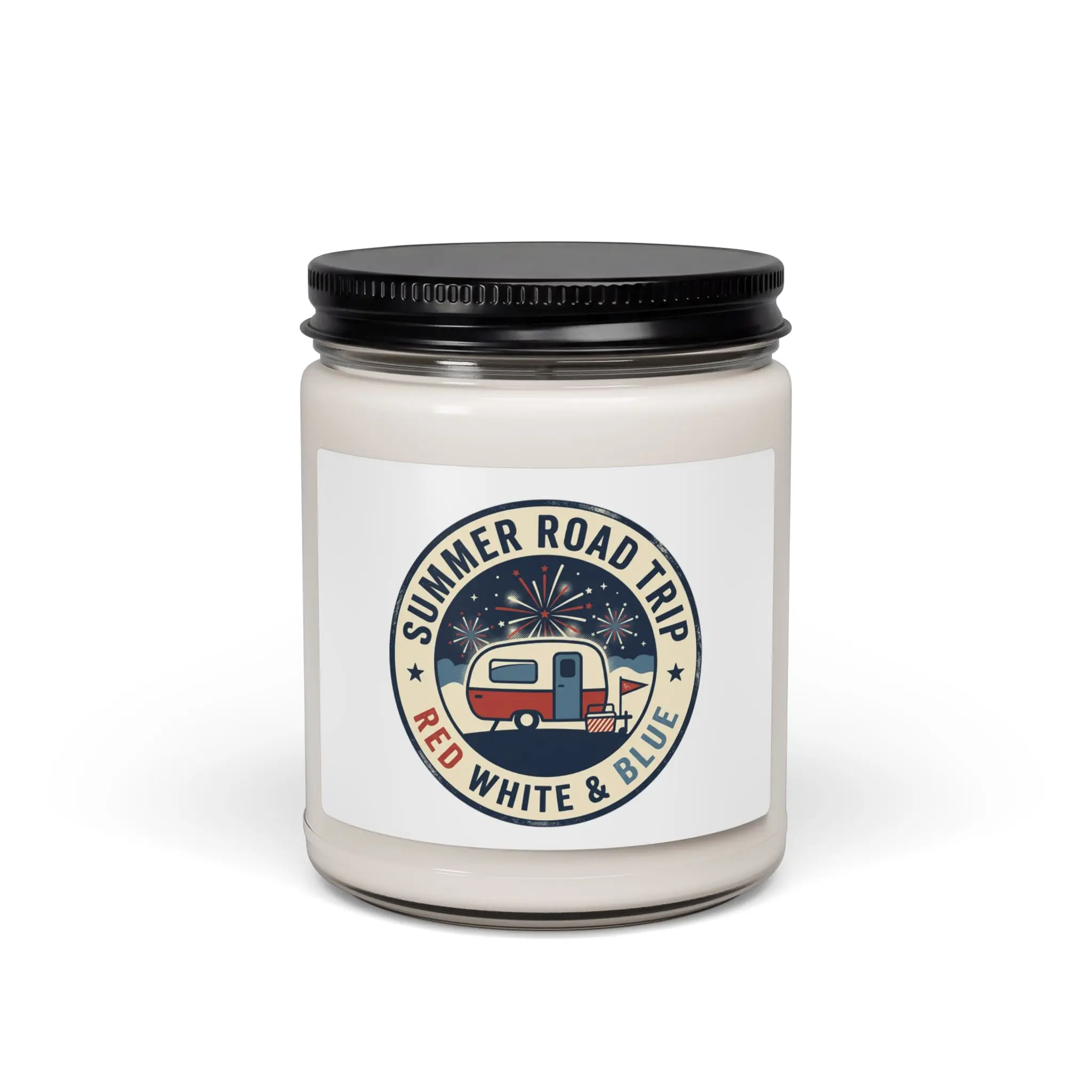 Vintage Americana Road Trip Candle, Soy Jar | 4th of July, Red White Blue