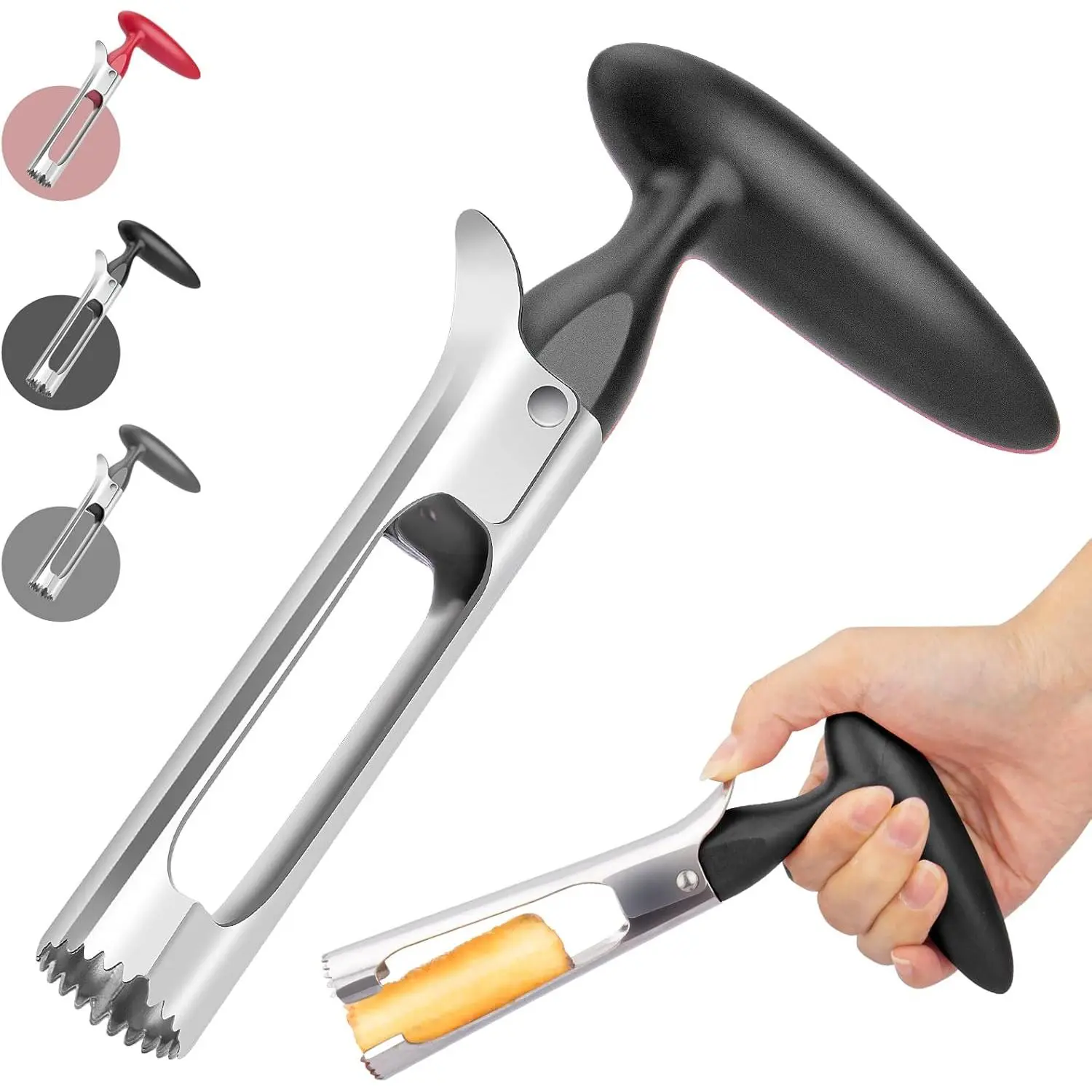 Stainless Steel Fruit Corer - Sturdy Handle Kitchen Utensil, Easy to Use & Clean, Durable Remover for Pears, Bell Peppers, Fuji Apples (Black)