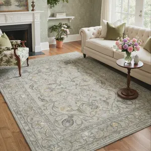 【Deals For You Days】GENIMO Machine Washable Rugs, Non Slip Low Pile Lightweight Area Rugs for Living Room Bedroom Dining Room, Grey Floral Indoor Rugs