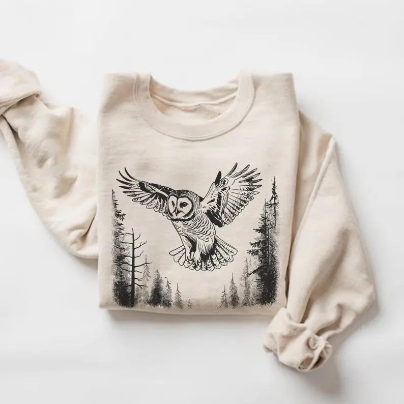 Phuhi- Barred Owl in Flight Sweatshirt, Bird Sweater, Owl Crewneck, Wildlife Graphic Pullover