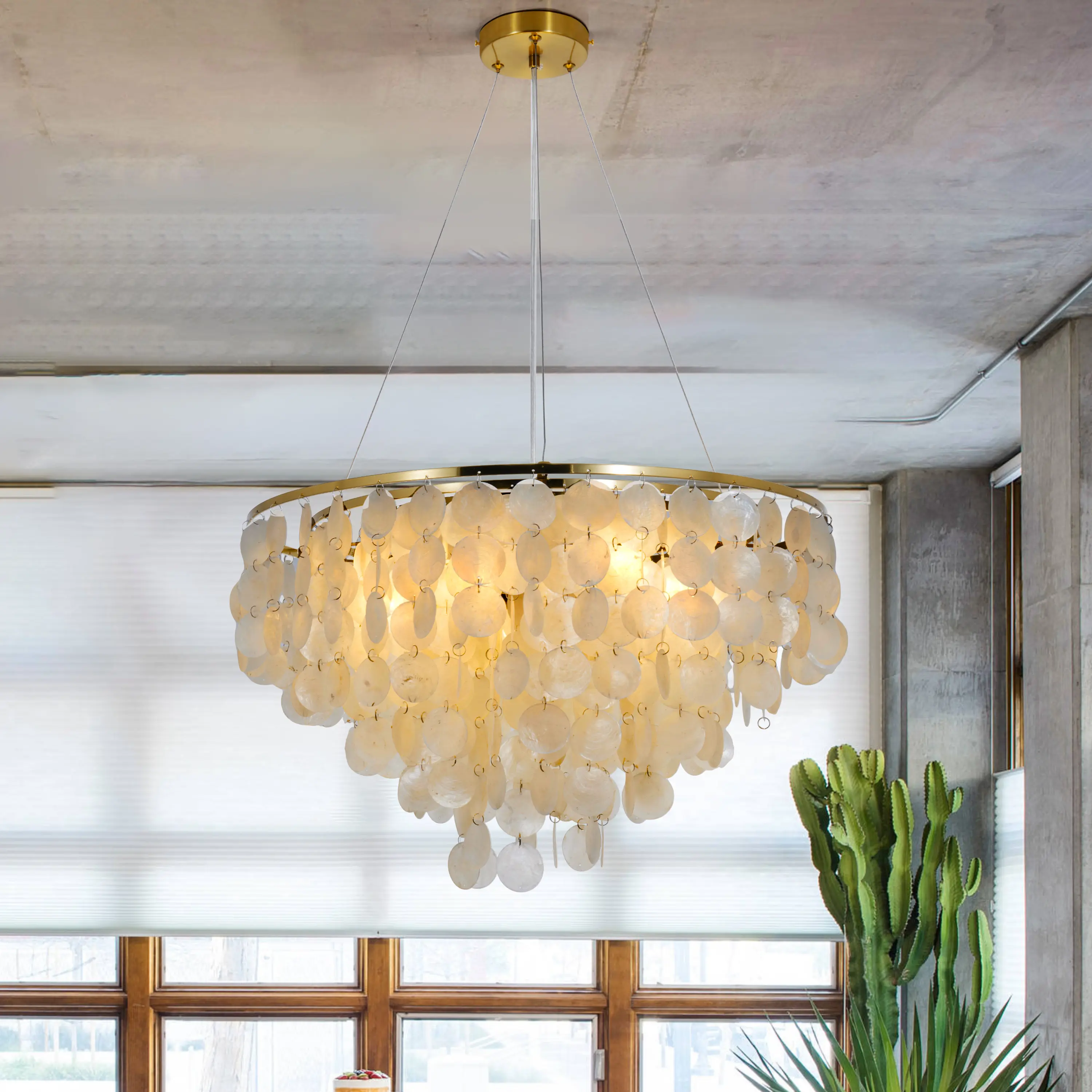 24-Inch Gold Layered Shell Disc Chandelier, 6-Light Pendant Light with Adjustable Cord for Dining Room, Living Room & Bedroom