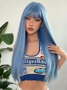 Women's Smog Blue Long Straight Hair Wig with Bangs, Synthetic Full Head Cap, Daily Wear Party Use, All Seasons, Synthetic Wigs, Synthetic Material Wigs