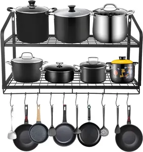 Hanging Pot Rack, 2 Tier Pan Rack, Wall Mounted Pot Holders for Kitchen Storage, Pot and Pan Organizer with 10 Hooks, Ideal for Pans Set, Utensils, Cookware, Household