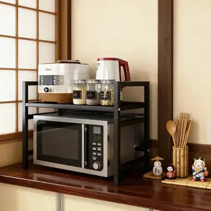 Scalable microwave oven shelf with 6 hooks, black metal microwave oven rack, adjustable toaster pan rack, kitchen countertop toaster storage rack (Model: DM054)