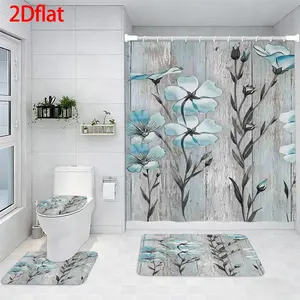 4-Piece Bathroom Sets Full Set Blue Floral Wooden Pattern Four-Piece Curtain Set Elegant Decor Shower Bath funny Accessories U-Shaped floor Seat Cover Cushion Toilet Lid Rug Carpet Non-Slip  Shape Mat Gifts Style toilet waterproof