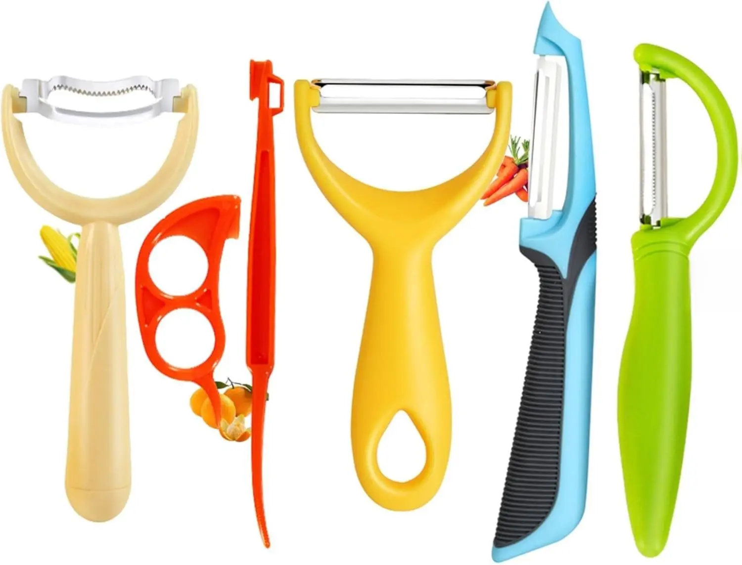 6 Pcs Kitchen Vegetable Potato Peeler Set, Including Corn Peeler, Corn Stripper for Corn on the Cob Tool, Potato, Carrot, Apple Peelers + Orange Peeler Tool, Y Peeler for Veggie & Fruit(Color-1)