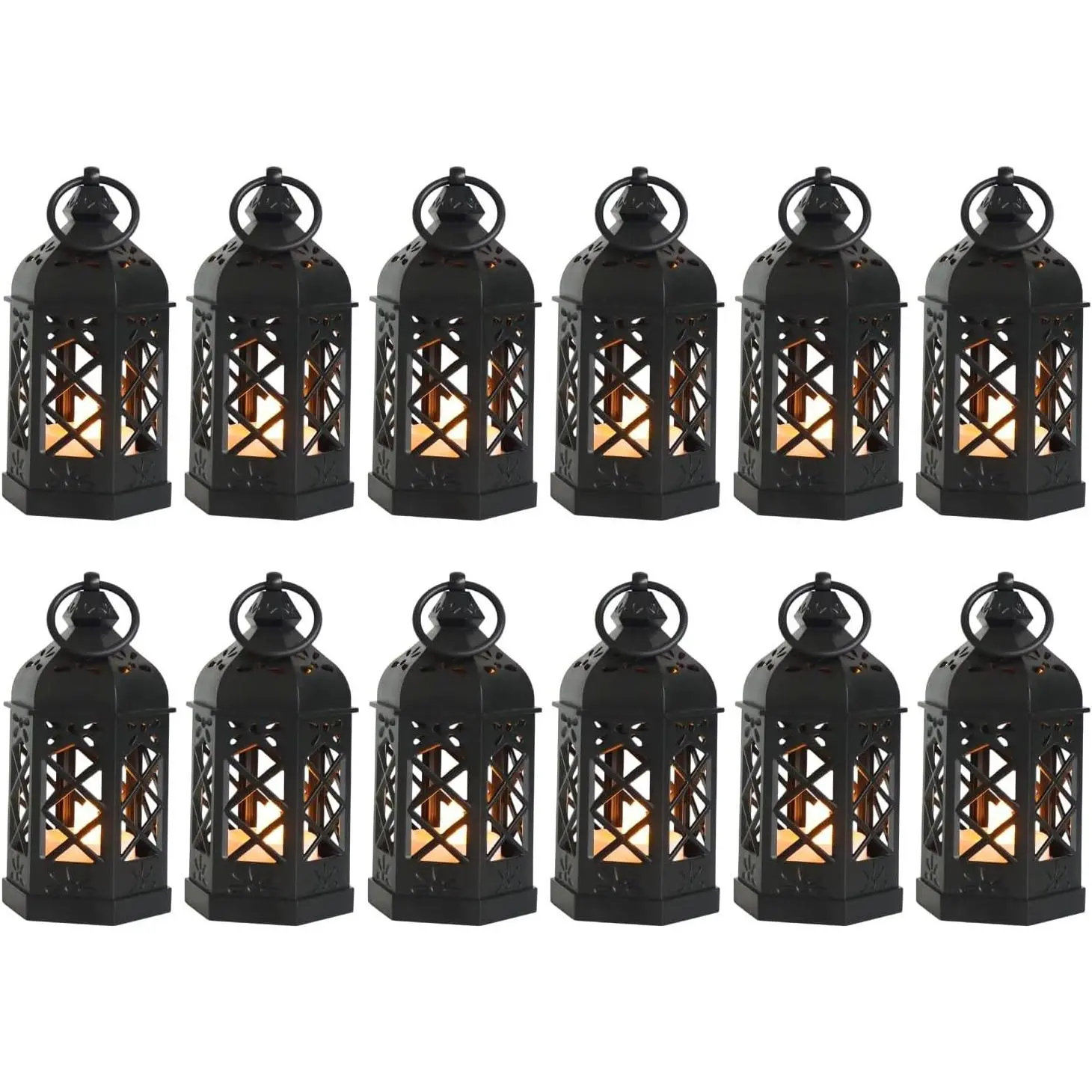 12-Pack Mini Lanterns with Flickering LED Candles for Ramadan, Moroccan Decorative Hanging Lanterns for Halloween, Christmas, Wedding, Black Lantern for Table Centerpiece, Home & Party Decor