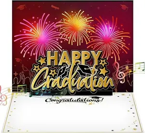 Graduation Cards 2024 LED Graduation Popup Music Card with Envelopes Congratulations Graduation Greeting Card Grad Gift for Mother's Day High School College University Party(Black Gold)
