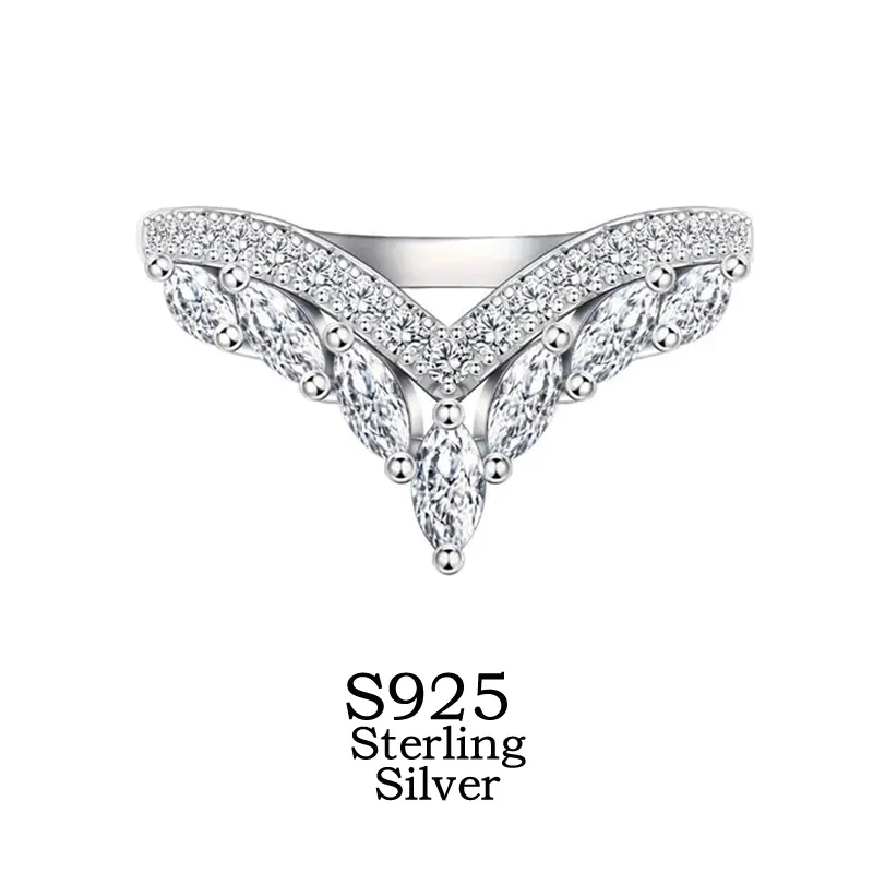 S925 Silver V-Shape Crown Engagement Ring for Female Adults - Professionally Designed, Zirconia Encrusted, Symbol of Love & Commitment - Valentine's Day, Anniversary Jewelry