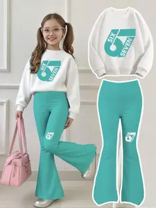 Girls' Fresh Colorblock Sweatshirt & Bell Pants Set, Girl Clothes School, Mint '67' Print, Casual Fitted, All Seasons, Comfortable Breathable
