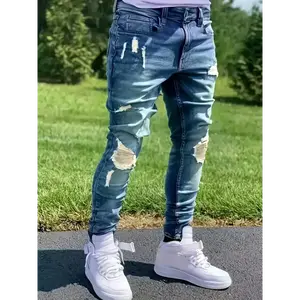 Men's Slim Fit Distressed Skinny Jeans - 65% Cotton Blend Ripped Denim, Machine Washable All-Season Casual Jeans for Casual Attire Menswear Polyester