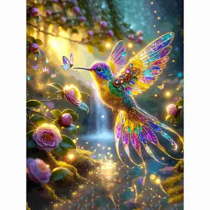 5D Full Drill Diamond Painting Kit - Enchanted Crystal Hummingbird in Magical Forest, Glowing Rainbow Wings & Sparkling Floral Stream, Vibrant Fantasy Wildlife Art Style, Round Acrylic Diamonds, Animal & Nature Themed DIY Art for Home Wall Decor