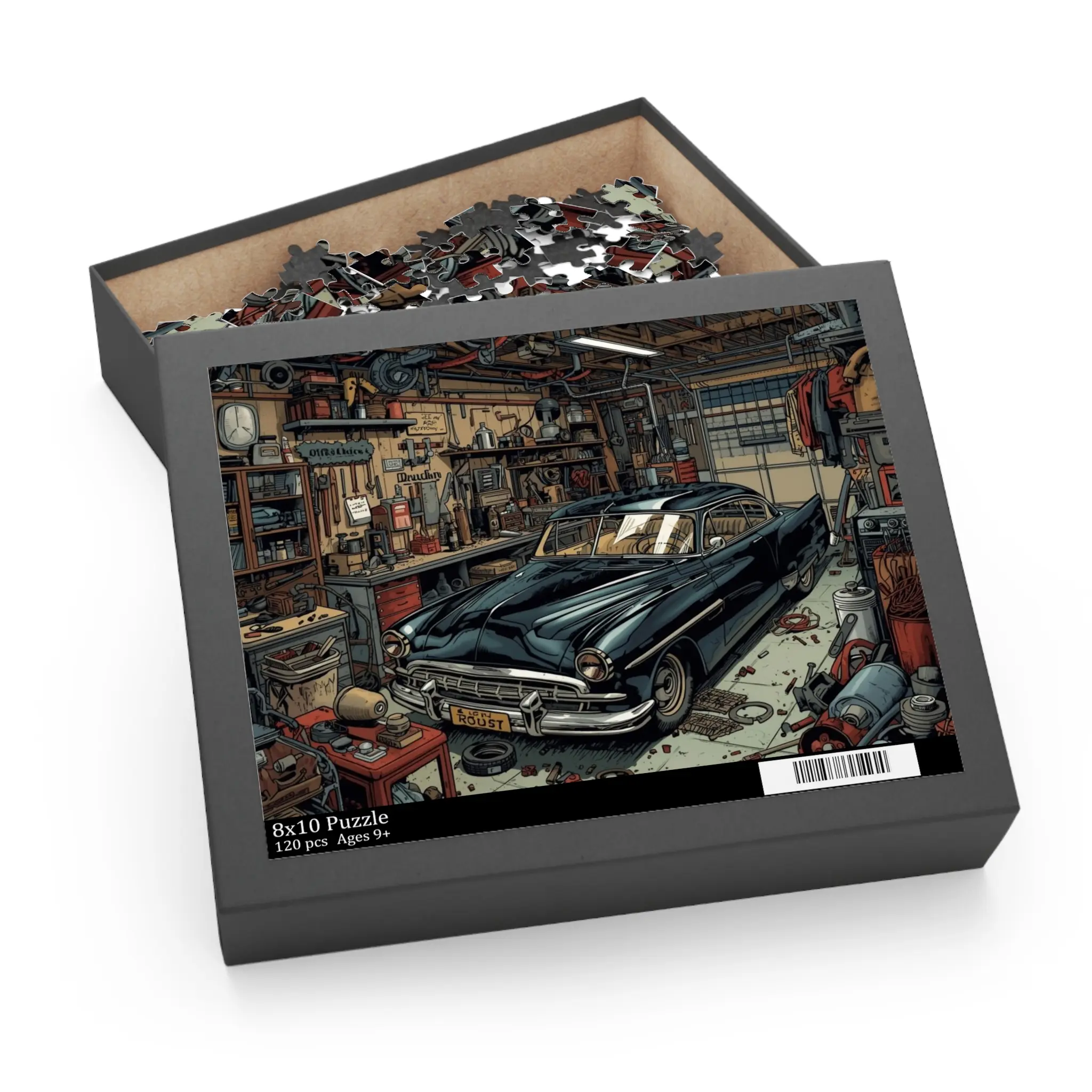 Vintage Black Classic Car in Cluttered Garage Puzzle
