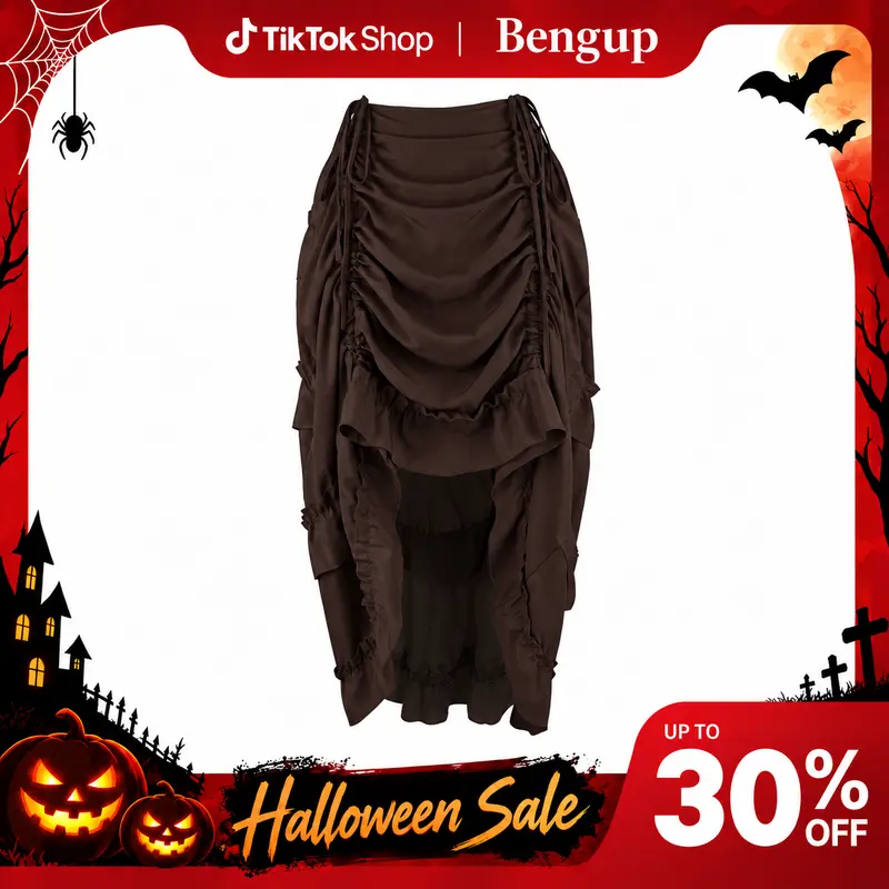 Women's Asymmetrical High-Low Ruffle Flowy Bottom Skirt - Victorian Medieval Renaissance Style, Steampunk Alt Lady Special Clothing, Halloween Costume, Women's Halloween, Elastic Waist, Black 6388-live-1,sohochic