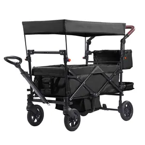 Compact Foldable 2-Seater Kids Wagon Stroller with Adjustable Handle, Detachable Canopy & Brake Wheels for Family Outings